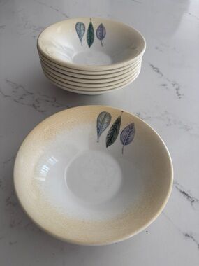 Portmeirion Cream Bowls with Green and Purple Leaf Motif - Set of 8